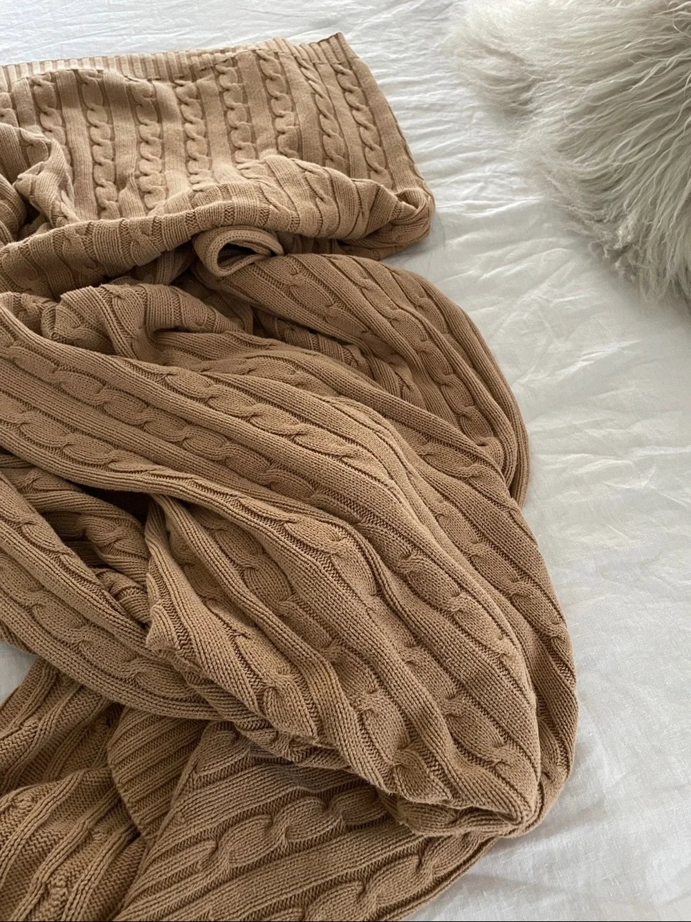 Ralph Lauren cable knit wrap blanket throw cotton camel beige 54 x 72”